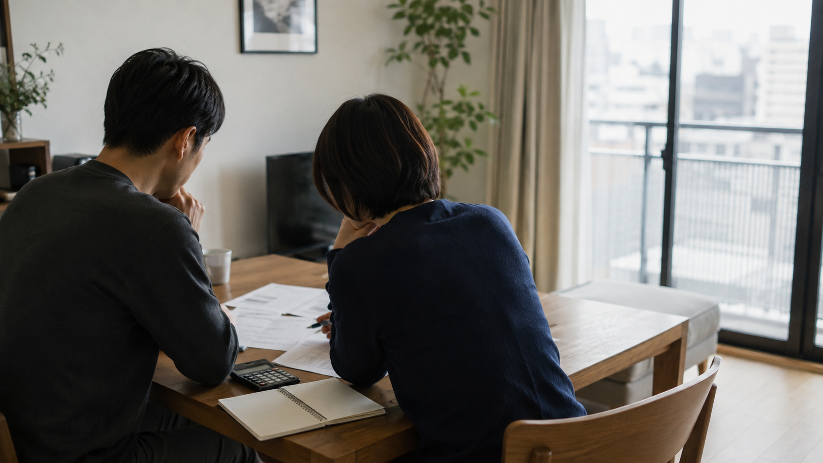 住まいの購入資料と電卓を前に、住宅ローンの返済期間を相談する夫婦