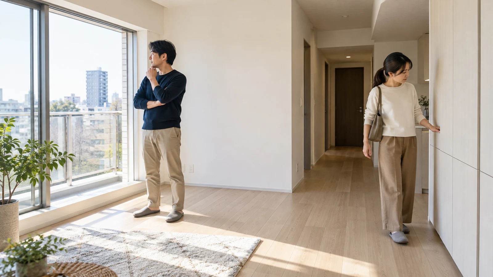 家具の配置と暮らしの動線を考えながら中古マンションを内覧する二人