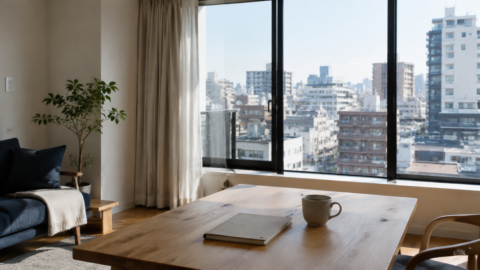 都心の街並みを望むマンションの明るいリビング