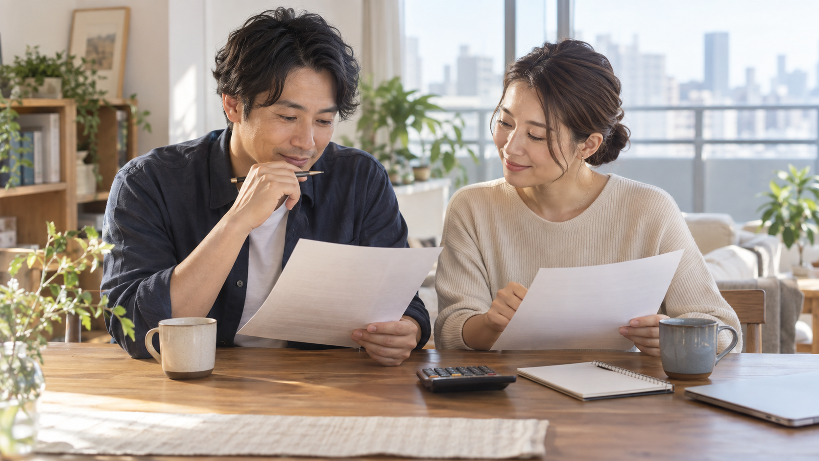 住宅ローンの固定金利と変動金利を二人で比べる様子