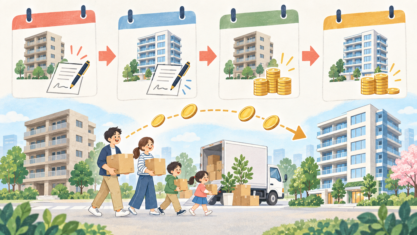 旧居の売買契約から新居の引渡しまでのお金と日程の流れ