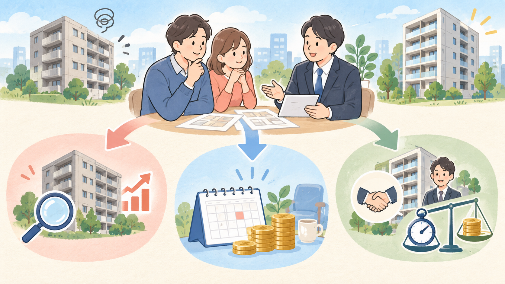 自宅が売れないときに価格の見直し、待つ、買取を比べる判断イメージ