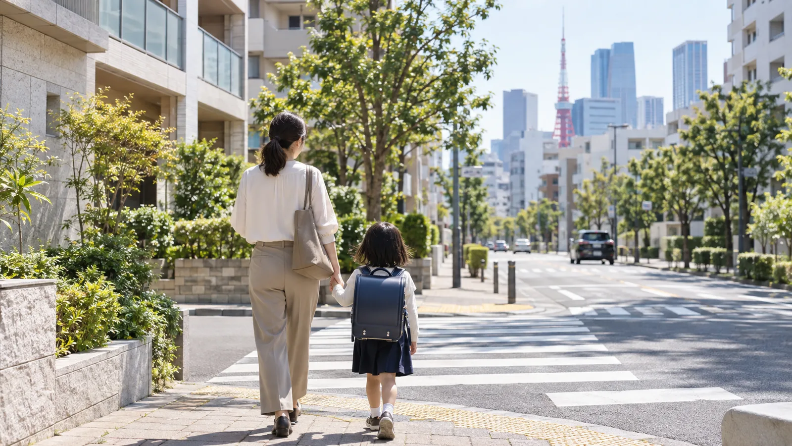都心の住宅街で小学生と保護者が通学路の横断歩道へ向かう様子