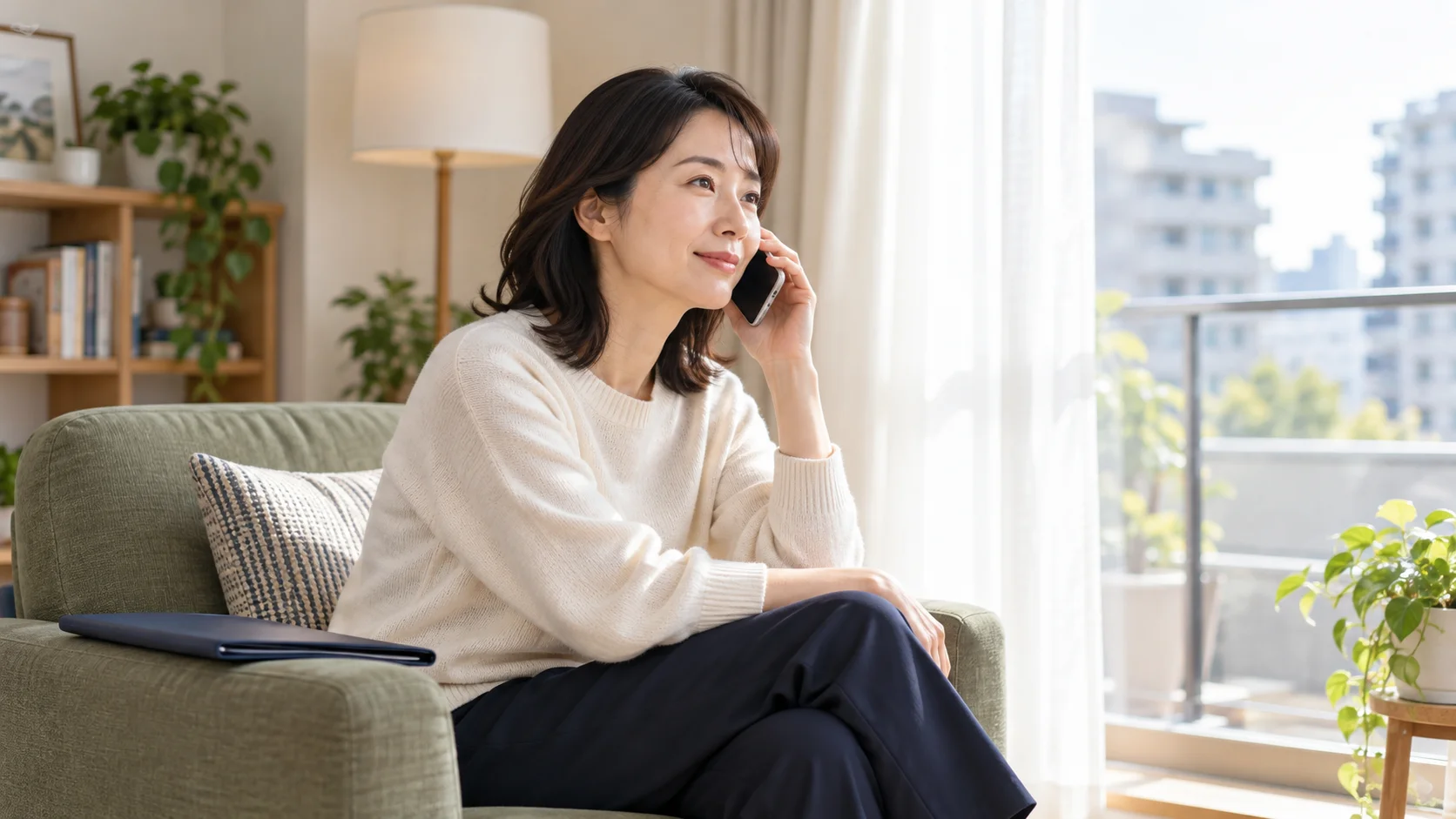 自宅の窓辺で住宅ローンの確認のため電話をする人のイメージ