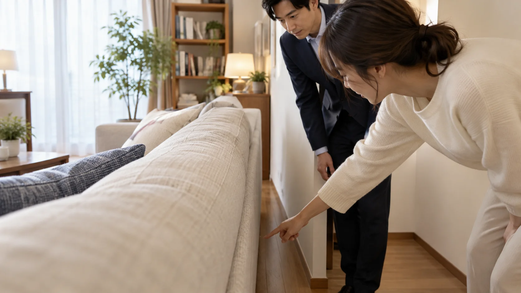 家具のある中古マンションでソファ裏の確認について相談する内覧のイメージ