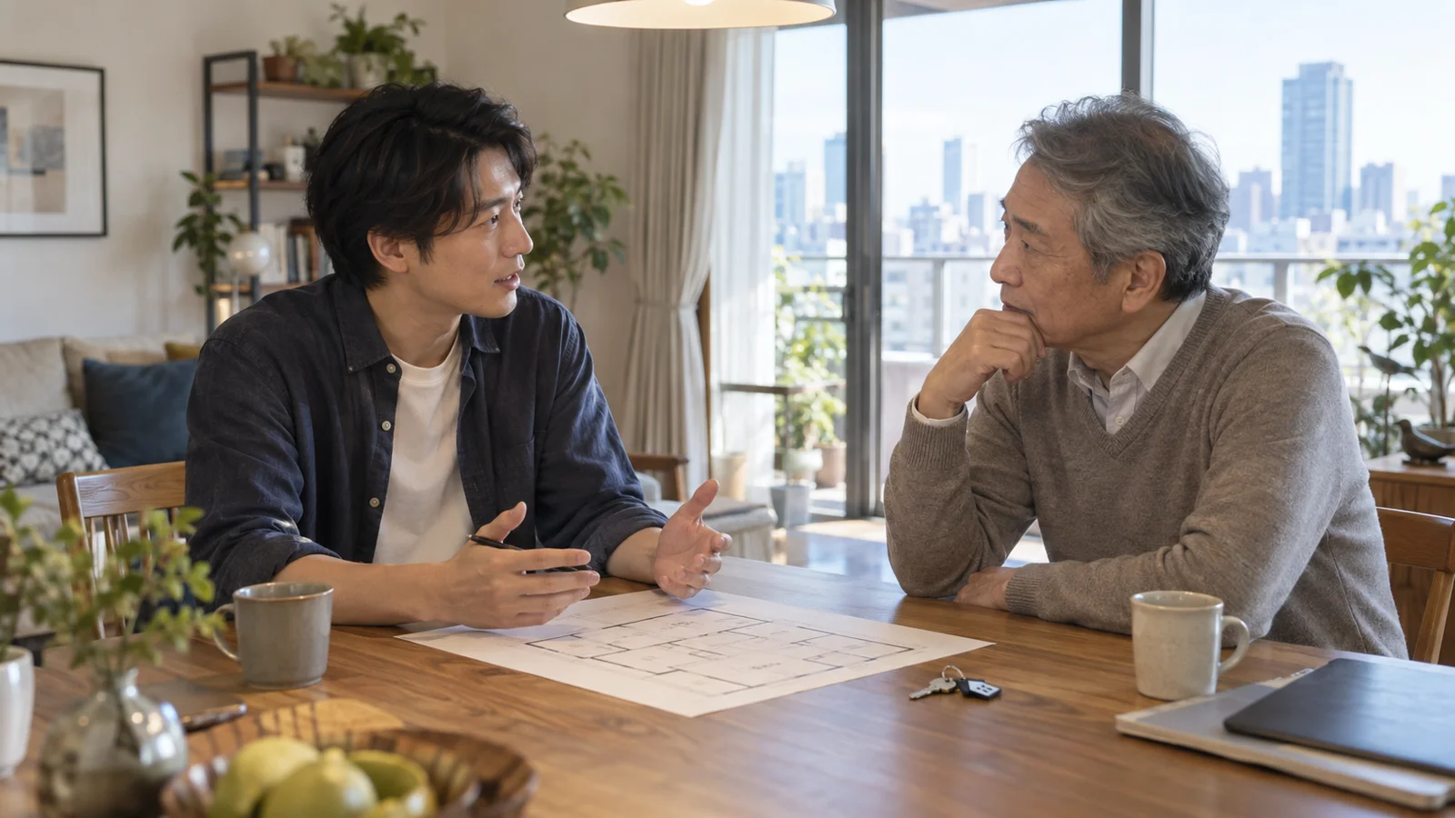 親と子が購入資金について落ち着いて話す場面