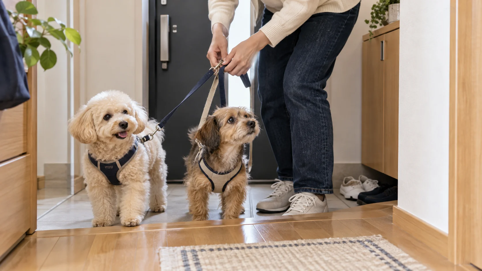 マンションの玄関で犬2匹と散歩の支度をする暮らしのイメージ