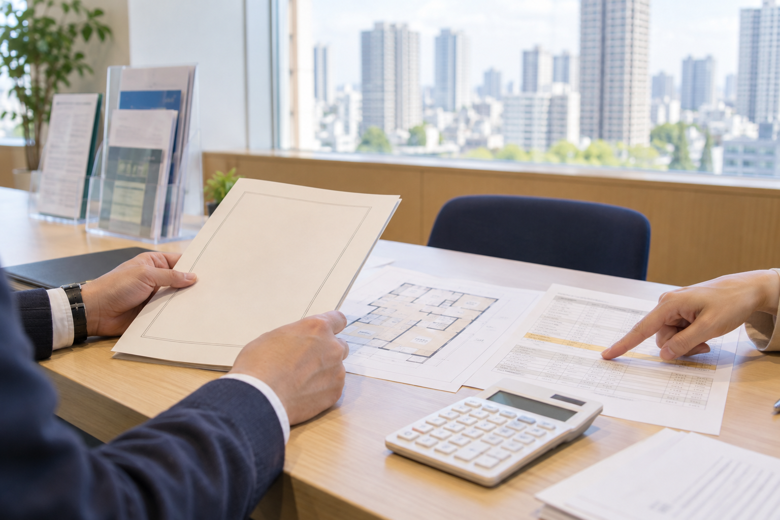 マンションの評価資料と間取り図を確認する手元