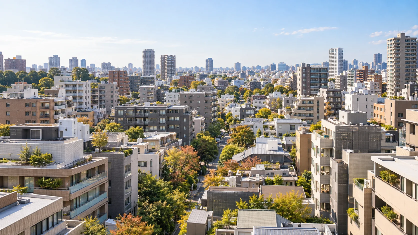 さまざまな高さのマンションと秋の街路樹が並ぶ都心の住宅街のイメージ