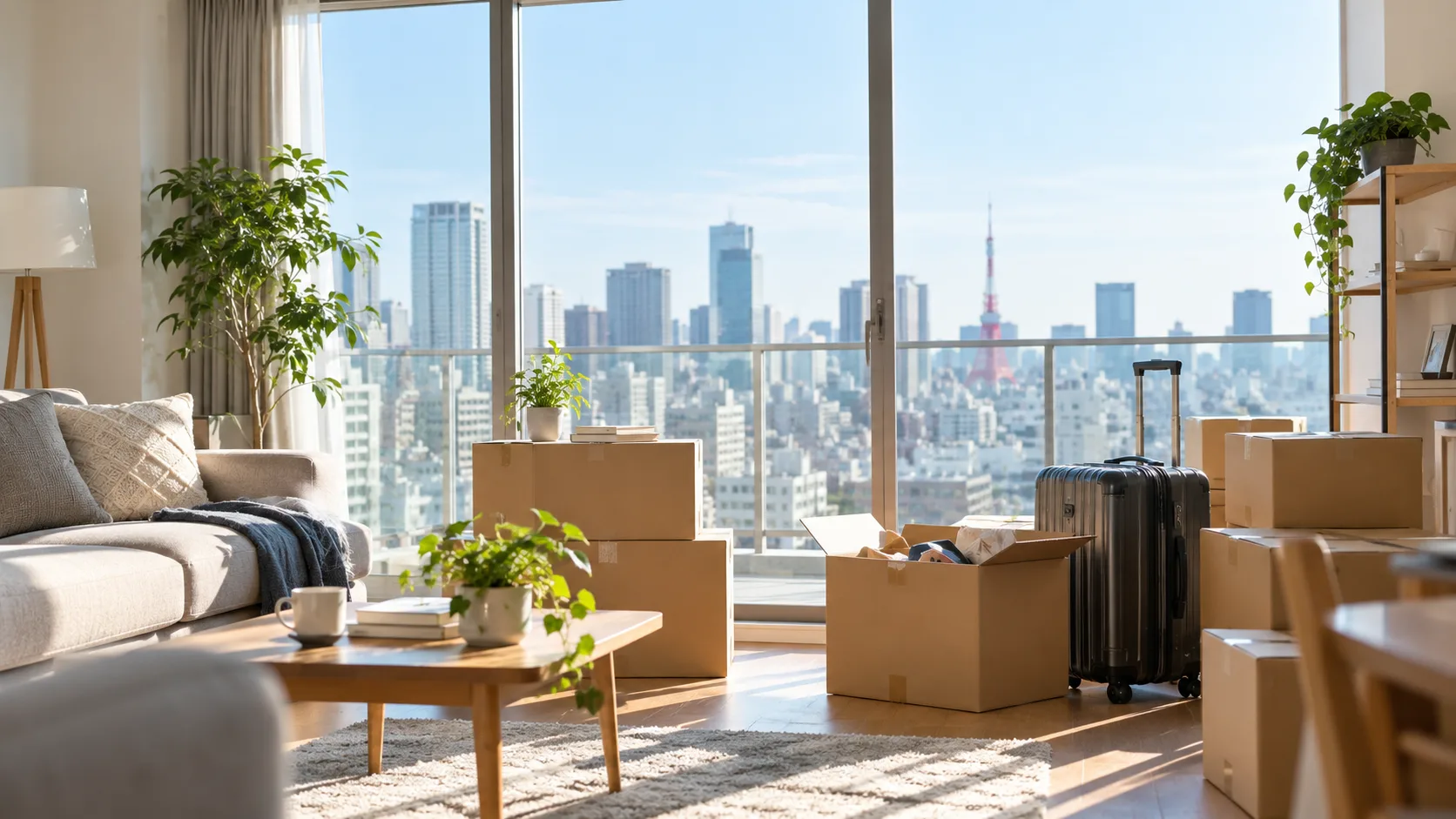 海外転勤に向けて荷造りをする、都心のマンションの明るい居間