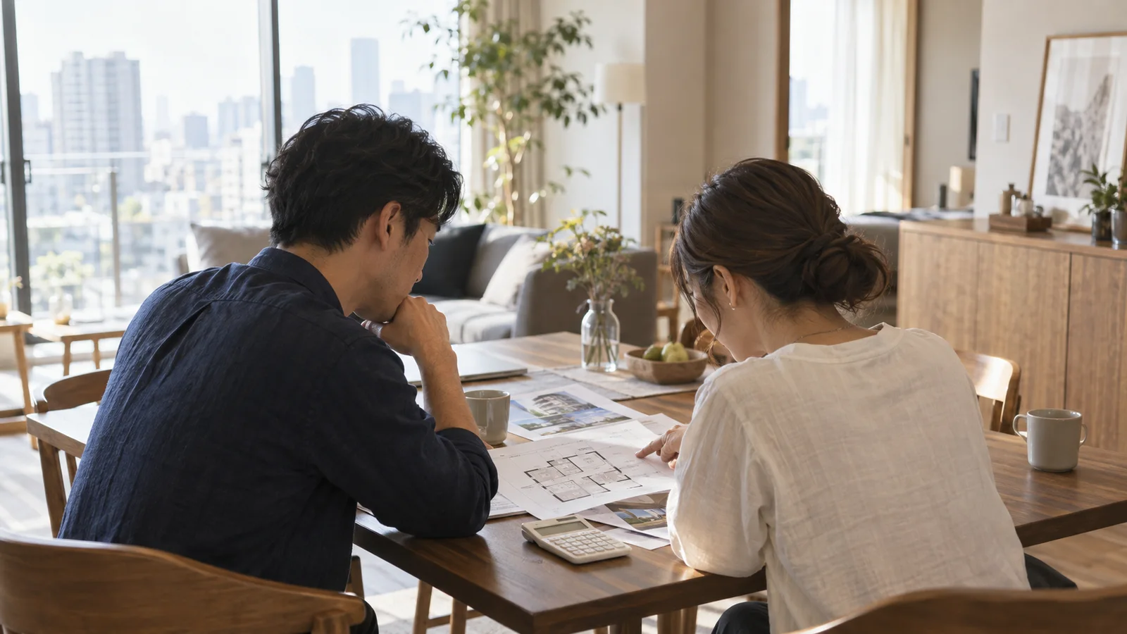 中古マンション購入の資料を家族で確認する様子
