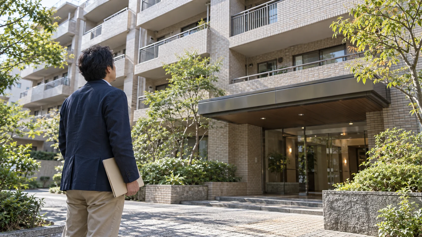 中古マンションの建物を見上げ、購入条件を検討する人のイメージ