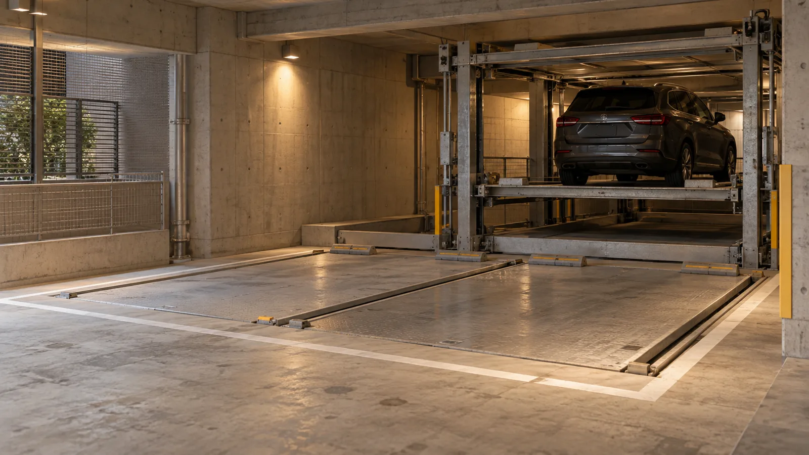 空き区画と機械式駐車場が見えるマンションの屋内駐車場のイメージ
