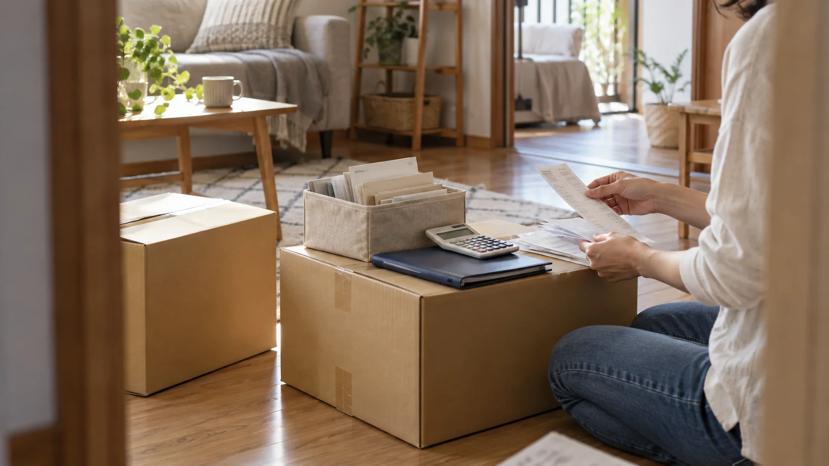 引越し前の部屋で購入費用の準備をする人の手元と段ボールのイメージ