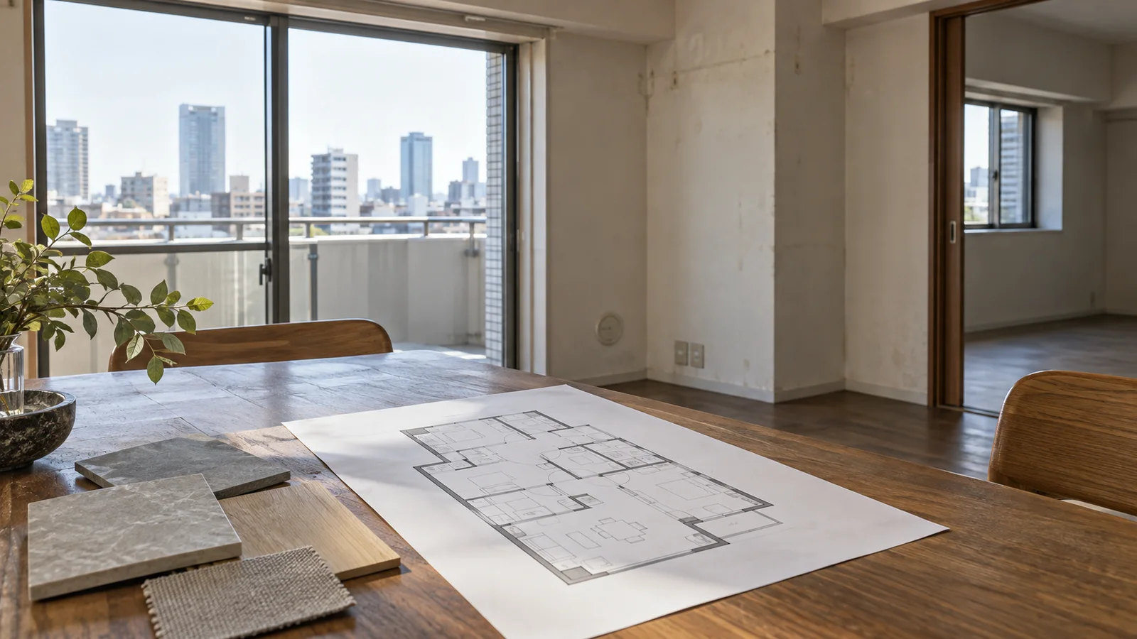 中古マンションの間取り図と内装材を見ながらリフォームを検討する室内のイメージ